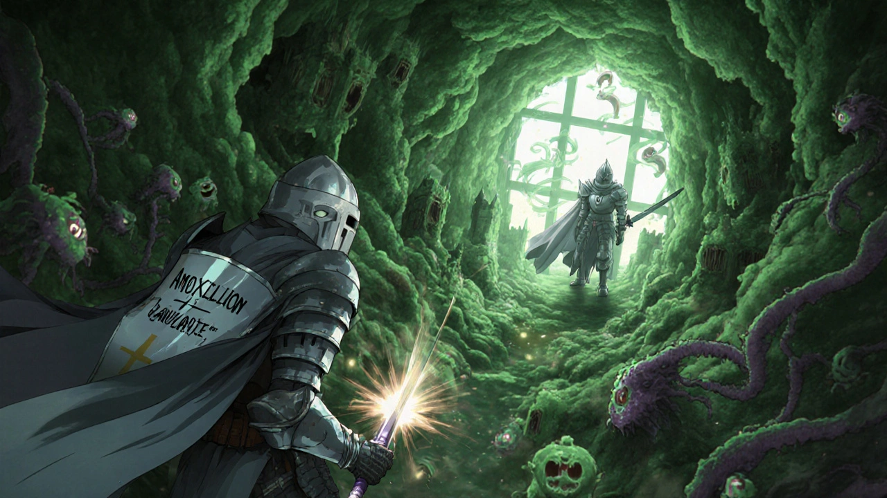 Bataille dans les sinus : un chevalier puissant combat des bactéries, un autre plus faible observe en arrière-plan.