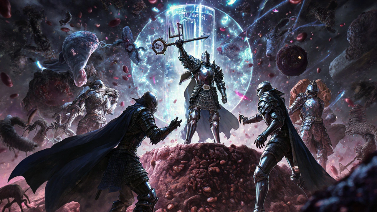 Bataille médicale où Primaquine tient une clé pour éliminer les hypnozoïtes, entouré de traitements alternatifs en combat.