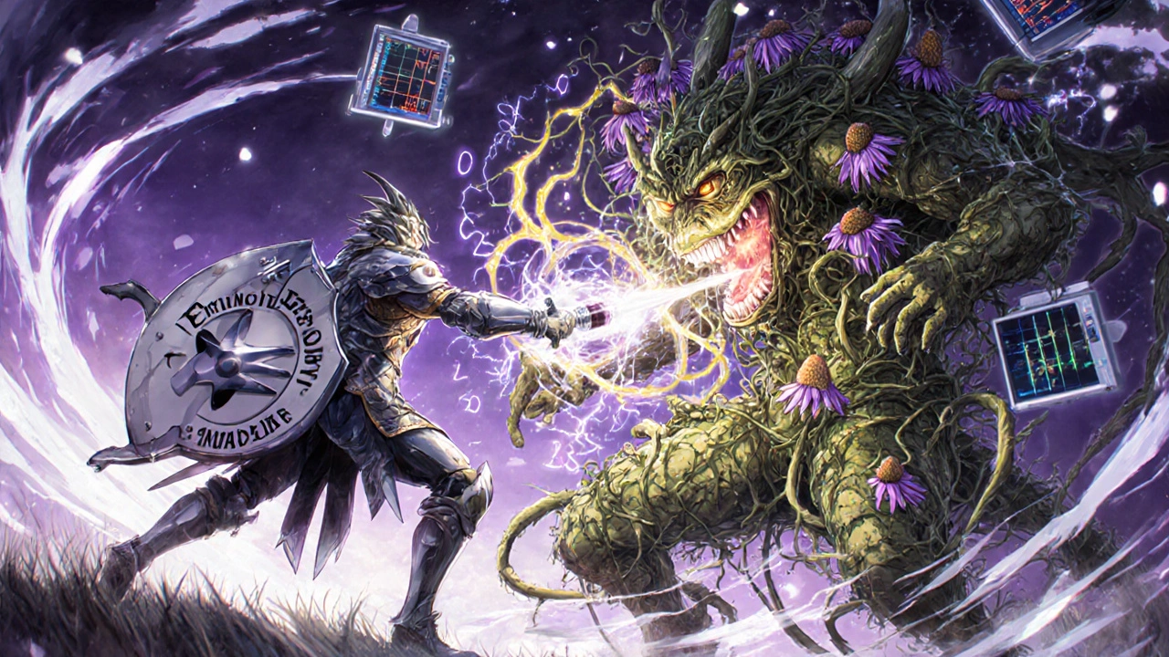 Bataille spirituelle entre un guerrier immunosuppresseur et un démon d&#039;échinacée dans un champ de bataille médical, avec des runes flottantes et des moniteurs en panne.