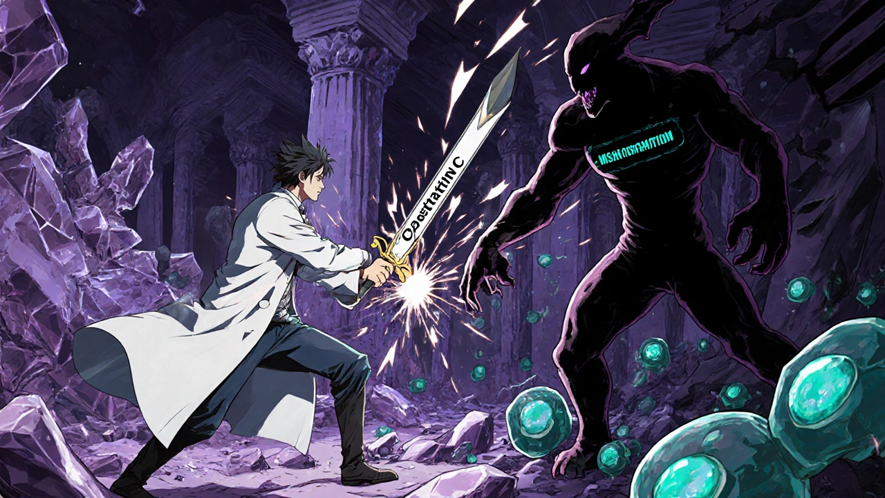 Bataille symbolique dans le corps humain : un guerrier avec une épée &#039;Cystatine C&#039; combat une ombre de créatinine erronée.