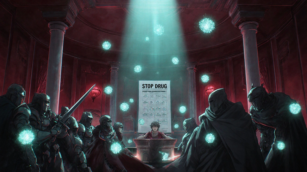 Chevaliers anticorps combattant des cellules immunitaires sombres dans un corps humain stylisé, sous un signe &#039;Arrêter le médicament&#039;.