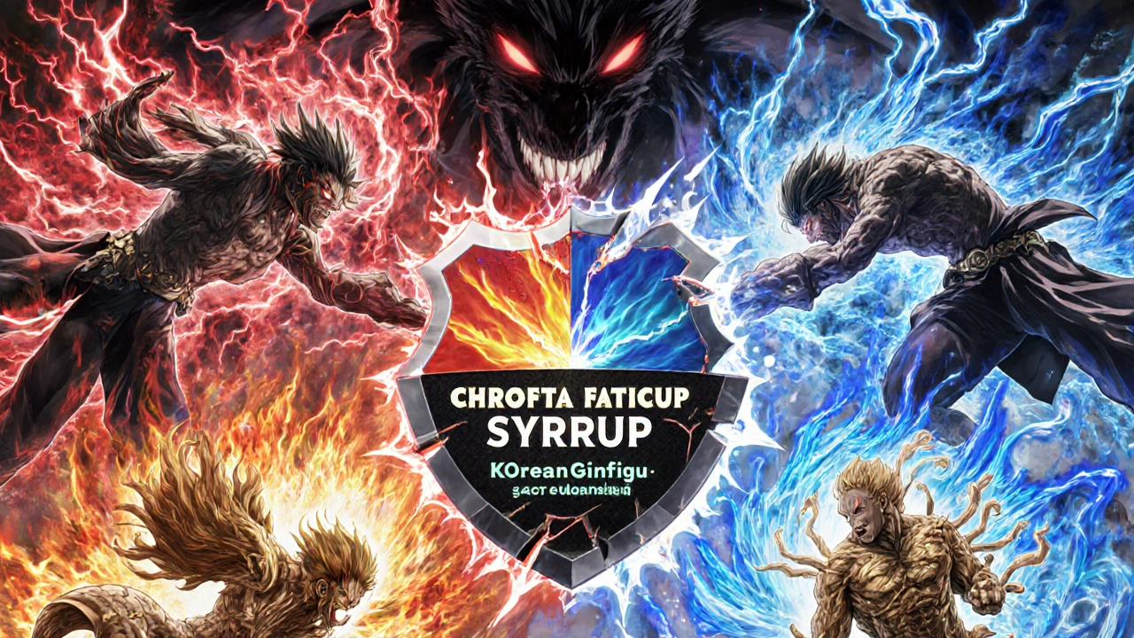 Cinq esprits élémentaires combattent une créature sombre représentant la fatigue chronique, avec Geriforte comme bouclier équilibré.