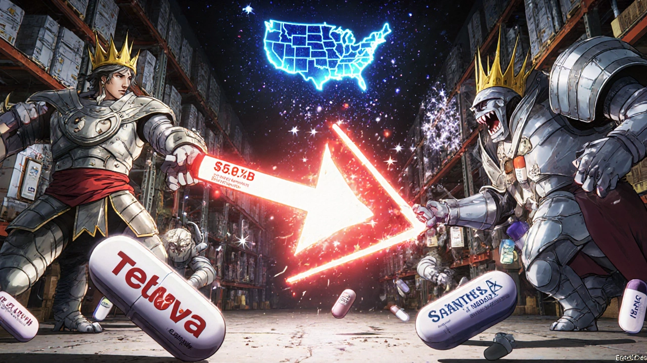 Des comprimés génériques héroïques combattent des médicaments de marque coûteux dans un entrepôt pharmaceutique fantastique.