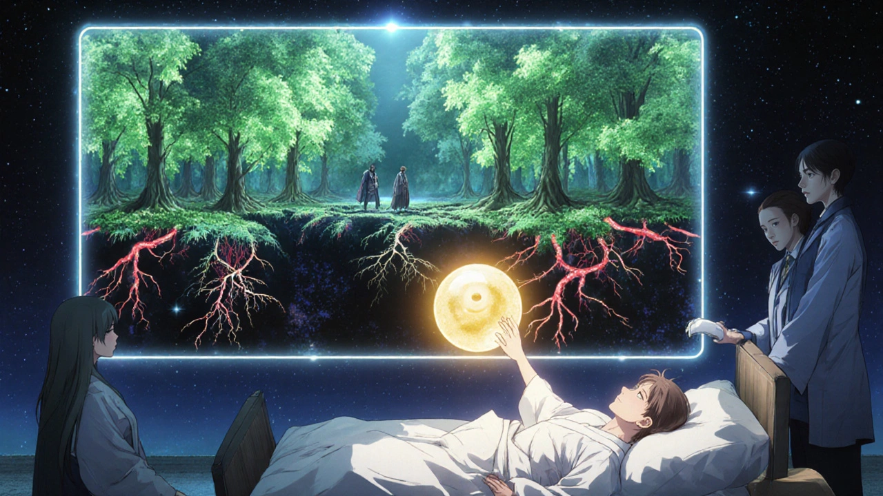 Équipe médicale analysant un microbiome sous forme de forêt vivante, patient recevant une lumière dorée de vitamine D.