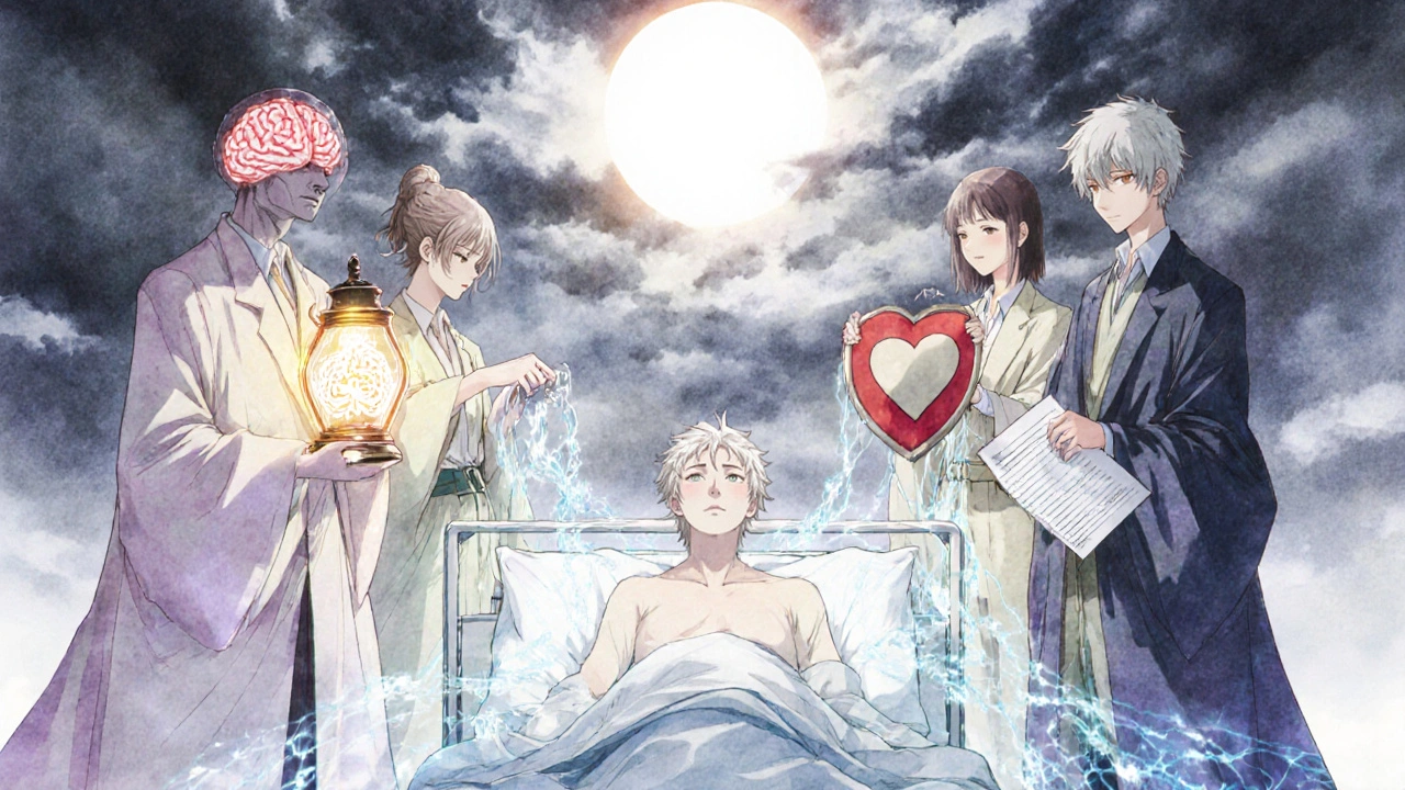 Équipe médicale spirituelle protégeant un patient dont le corps s&#039;efface, sous un ciel orageux éclairé par un soleil.