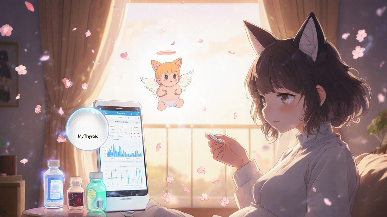 Femme prenant sa dose de lévothyroxine au lever, accompagnée d&#039;un assistant IA en forme de renard et d&#039;un bébé angélique.