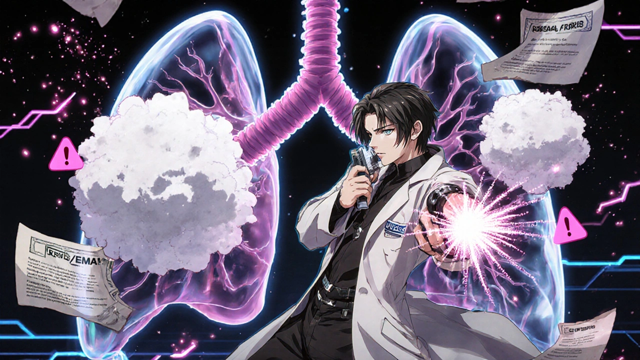 Guérisseur utilisant un inhalateur magique tandis que des nuages de particules inégales atteignent les poumons.