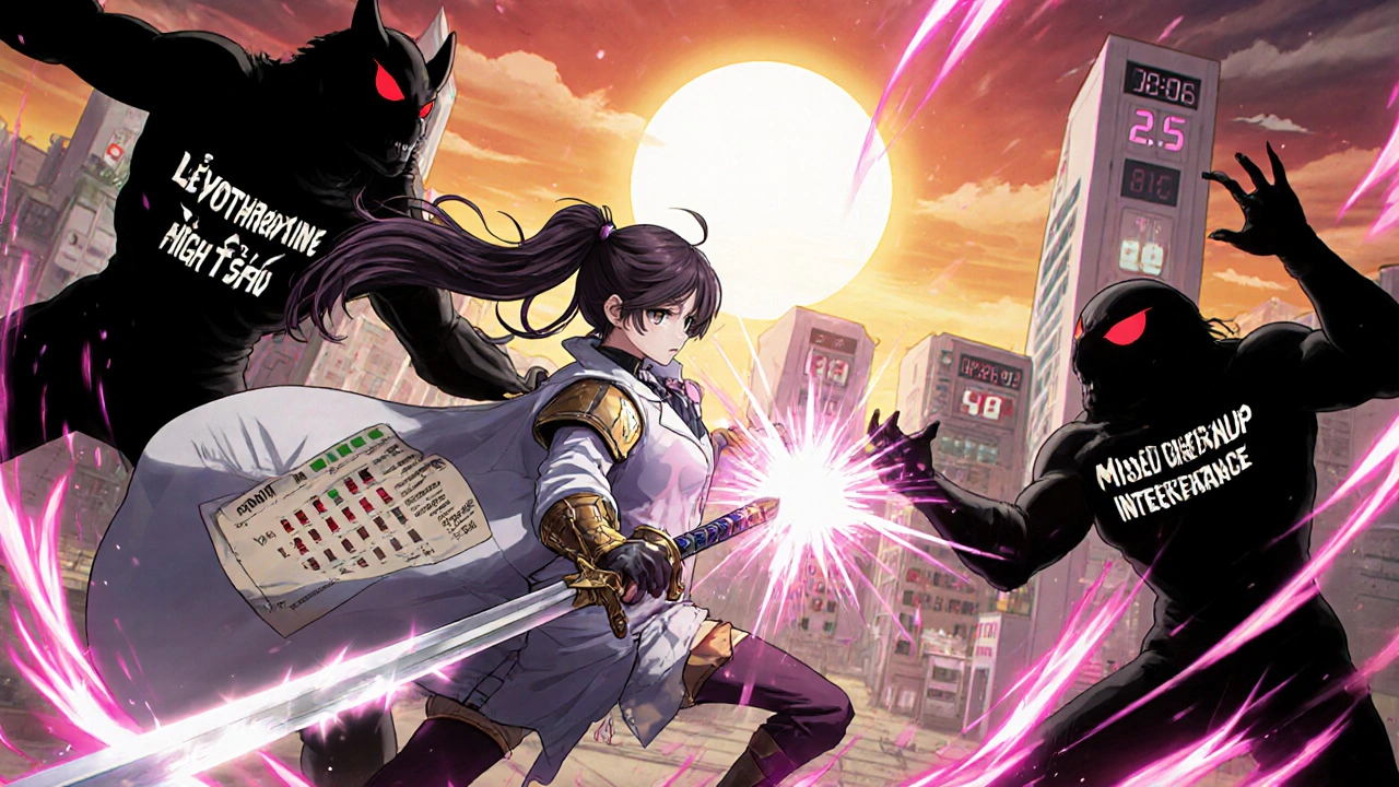 Guerrière médicale combattant des monstres du TSH élevé avec une épée de lévothyroxine dans un monde fantastique.