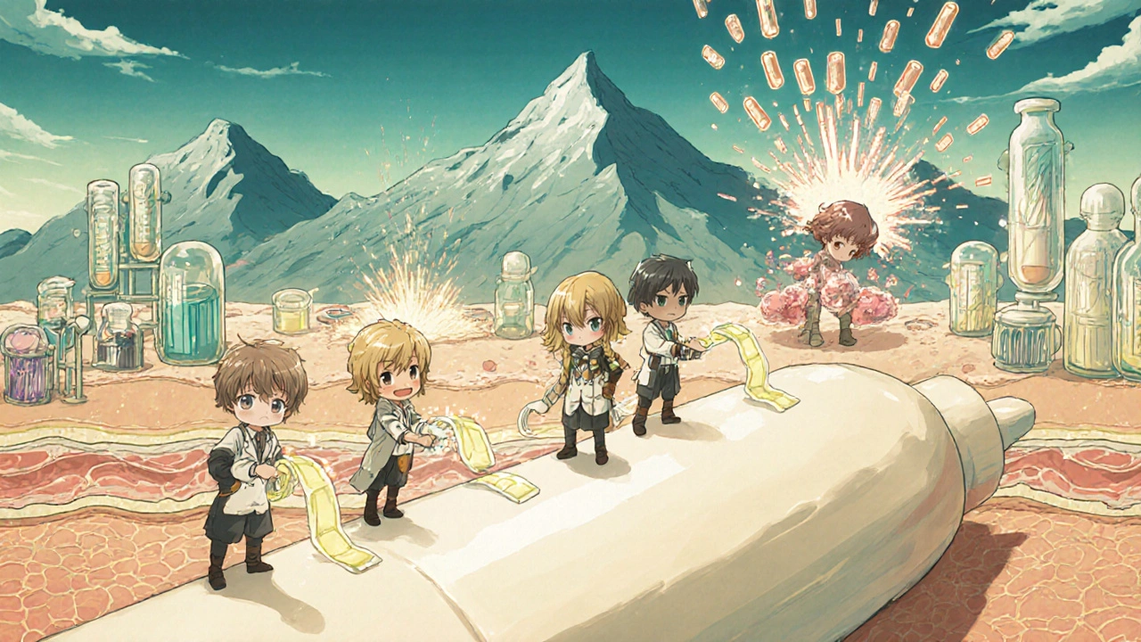 Héros alchimistes mesurent la pénétration cutanée avec des bandes lumineuses sur une peau géante.