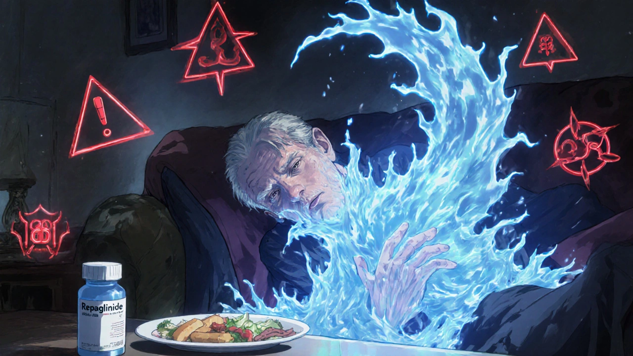 Homme âgé s&#039;effondrant tandis qu&#039;une vague d&#039;insuline spectrale émerge de sa poitrine, une assiette vide à côté.