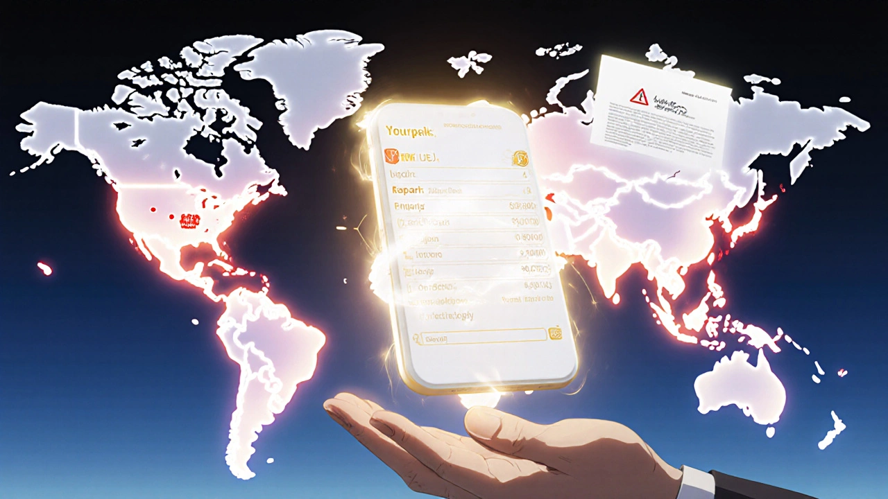 Interface numérique de passeport médical affichant des médicaments vérifiés par blockchain, avec une carte mondiale indiquant les pays à risque.