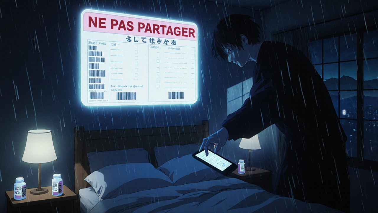 Liste de médicaments numérique flottante dans une chambre, empêchant quelqu’un de prendre un comprimé étranger.