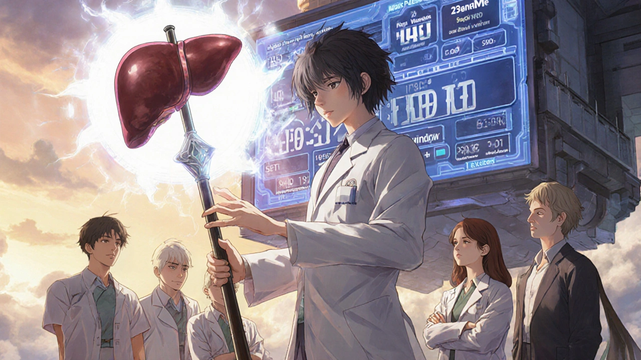 Médecin mage protégeant des patients avec un antidote NAC, devant un écran affichant des risques génétiques, style anime isekai.