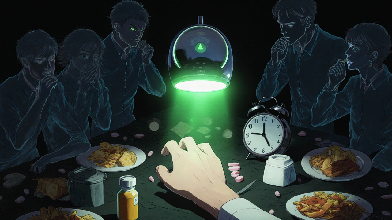 Moniteur de glycémie flottant avec une alerte verte, une main arrêtée au-dessus d&#039;une pilule, des repas oubliés en arrière-plan.