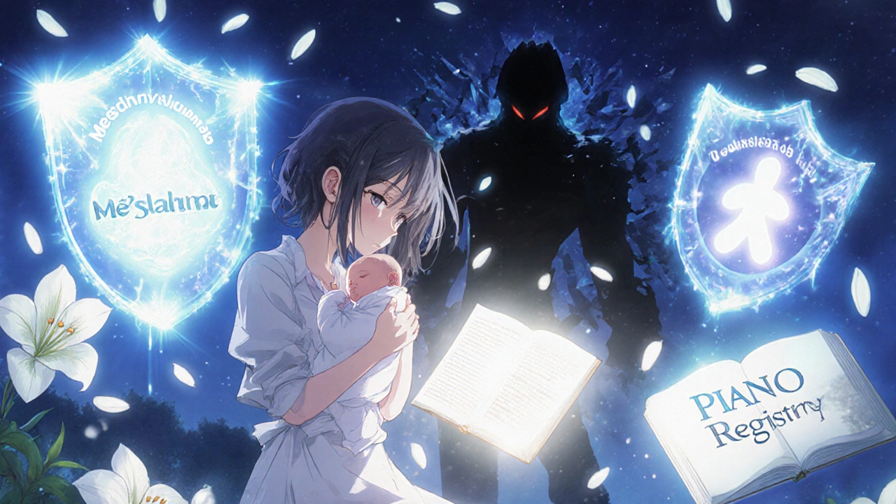 Nouveau-né protégé par des boucliers médicaux éthérés, tandis qu&#039;une menace sombre est vaincue.