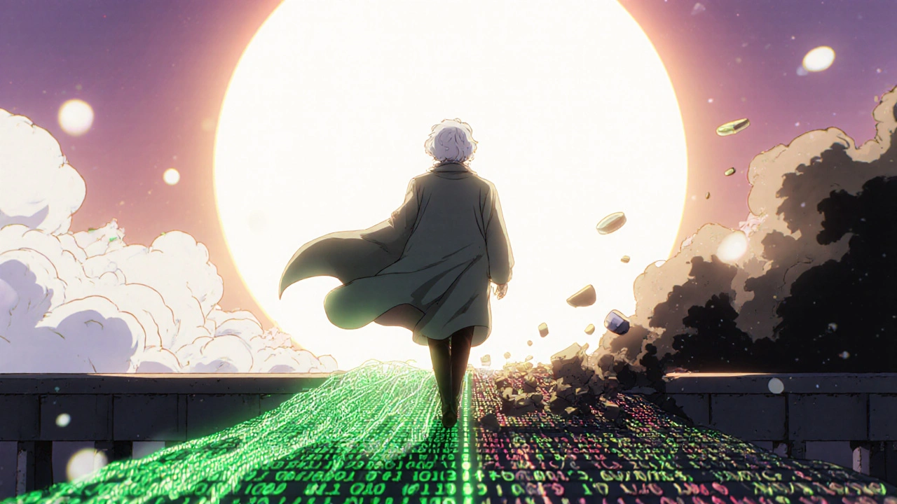 Patient âgé sur un pont génétique, avançant vers un avenir lumineux avec des alternatives thérapeutiques sûres.