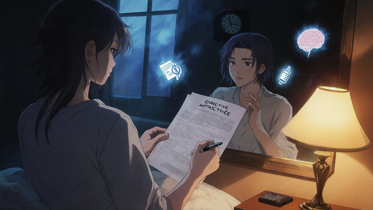 Patient aux mouvements involontaires, son reflet calme tenant un document de soins anticipés.