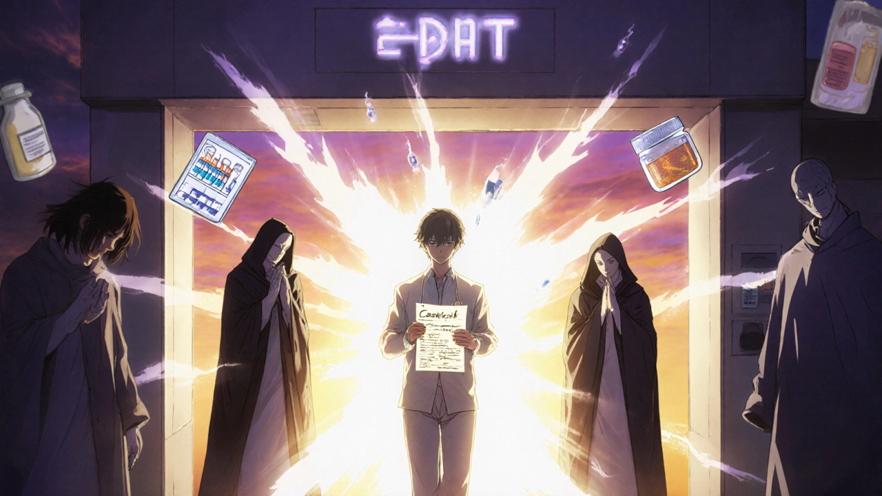 Patient quittant l’hôpital avec une liste de médicaments lumineuse, protégé par des icônes de stockage sécurisé.