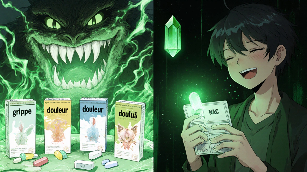 Personne prenant plusieurs médicaments contenant de l&#039;acétaminophène, tandis qu&#039;un monstre toxique se forme, dans un style anime.