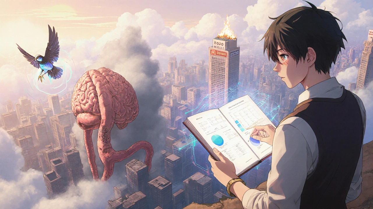 Personne tenant un journal qui affiche des données médicales, face à une ville d&#039;organes en feu, avec un oiseau digital en vol.