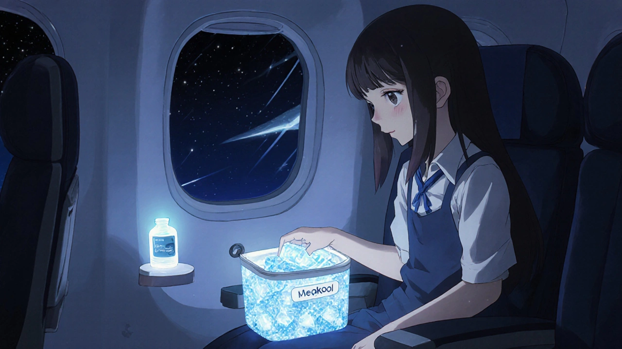 Sac isotherme en vol avec des blocs de gel glacés et un contenant pour comprimés résistant aux enfants, dans une cabine d&#039;avion étoilée.
