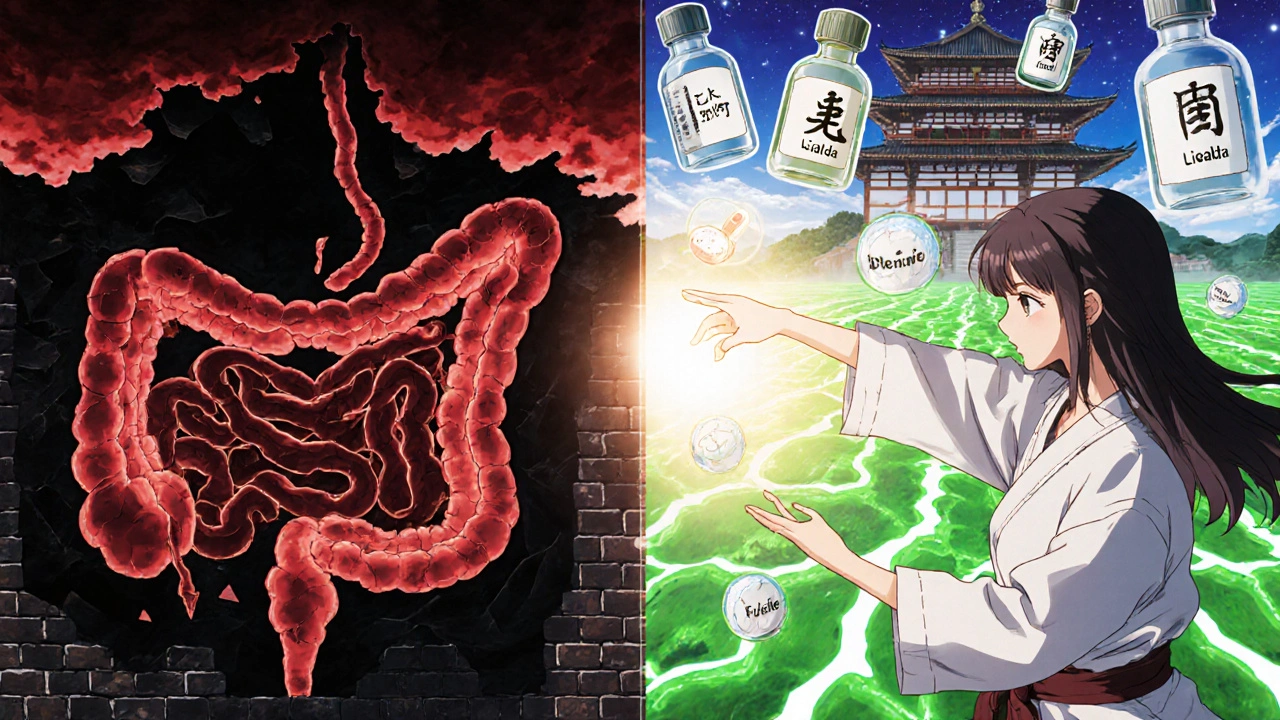 Scène divisée : intestin malade à gauche, sain à droite, avec des médicaments comme des artefacts magiques.