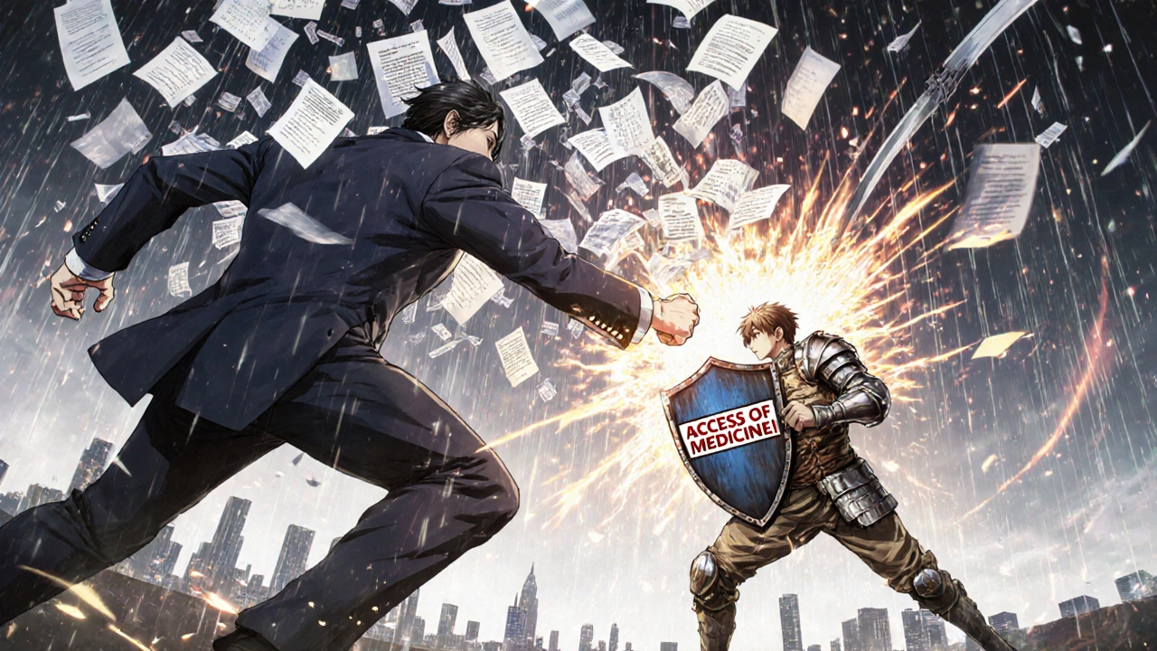 Un combat dans un arène flottante entre un avocat d&#039;entreprise et un fabricant de génériques, entouré de documents de brevets volants.