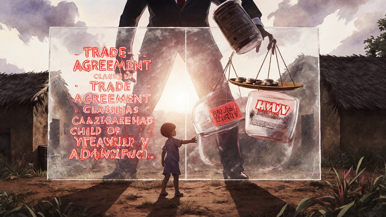 Un enfant dans un village pauvre tente d&#039;atteindre un médicament bloqué par un mur de clauses commerciales, sous un ciel qui s&#039;éclaire.