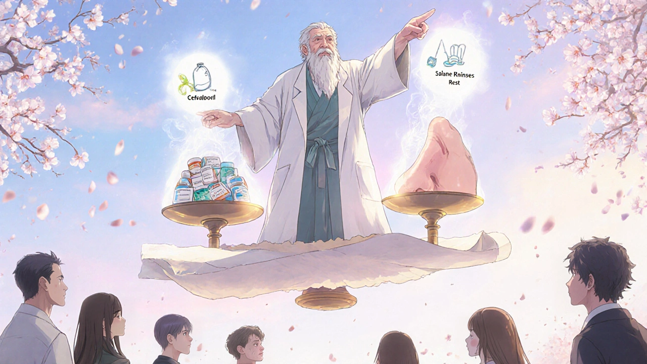 Un médecin sage montre une balance entre antibiotiques et guérison naturelle, avec des fleurs de cerisier en arrière-plan.