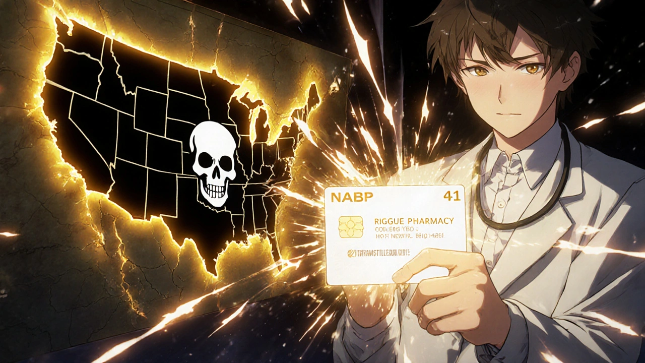 Un pharmacien tenant une carte holographique NABP Verify qui illumine les États autorisés, tandis qu&#039;une pharmacie illégale tente de s&#039;infiltrer.