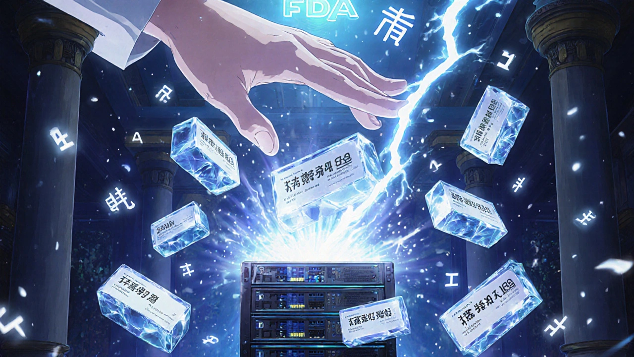 Un système blockchain en forme de temple numérique où des licences flottent en cristal, tandis qu&#039;une main divine détruit un serveur corrompu.