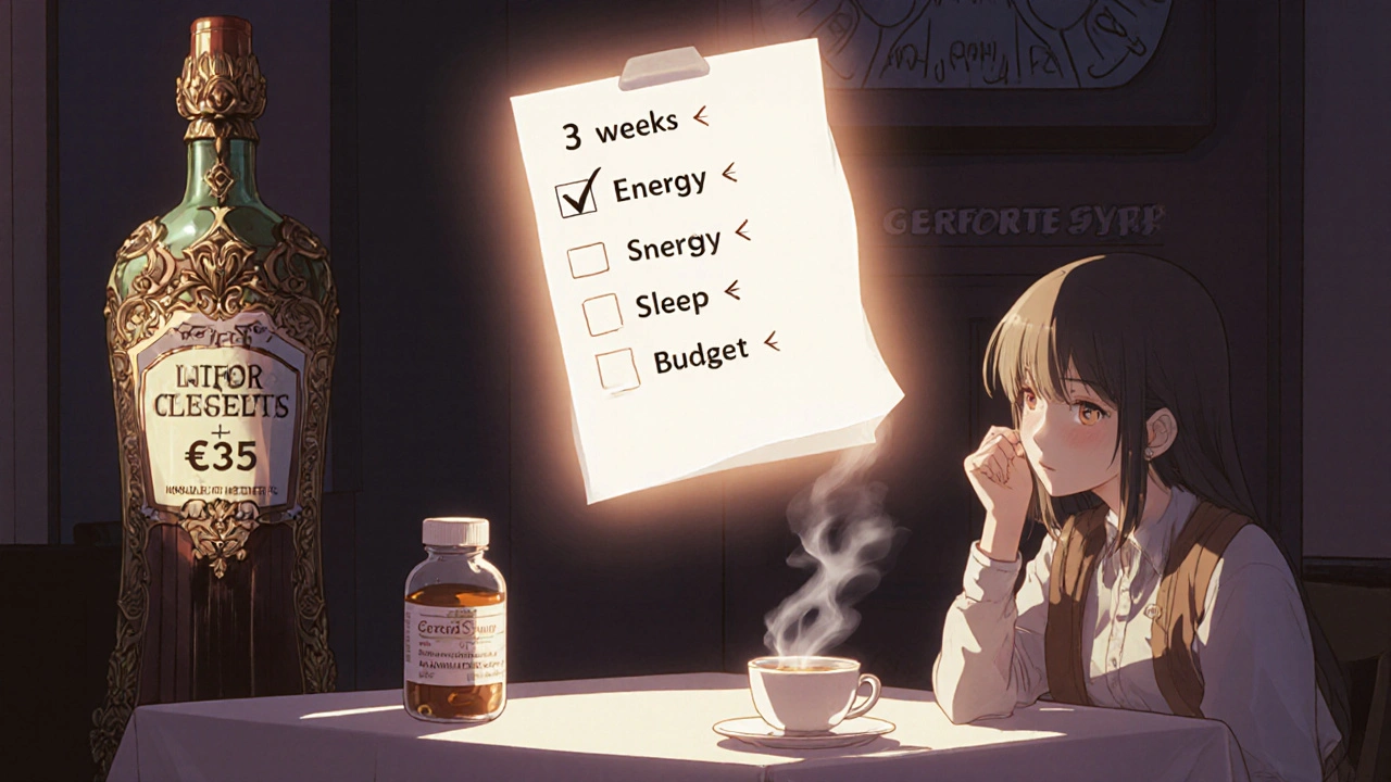 Une bouteille simple de vitamines B et magnésium sur une table du matin, avec un tableau de progrès flottant, ambiance paisible.