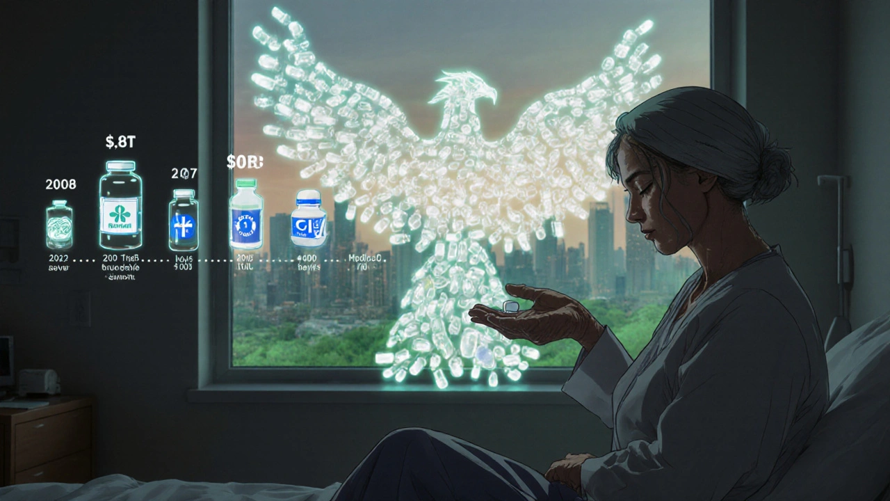 Une femme âgée regarde une projection holographique des économies générées par les génériques, une phénix de pilules s’élève derrière elle.