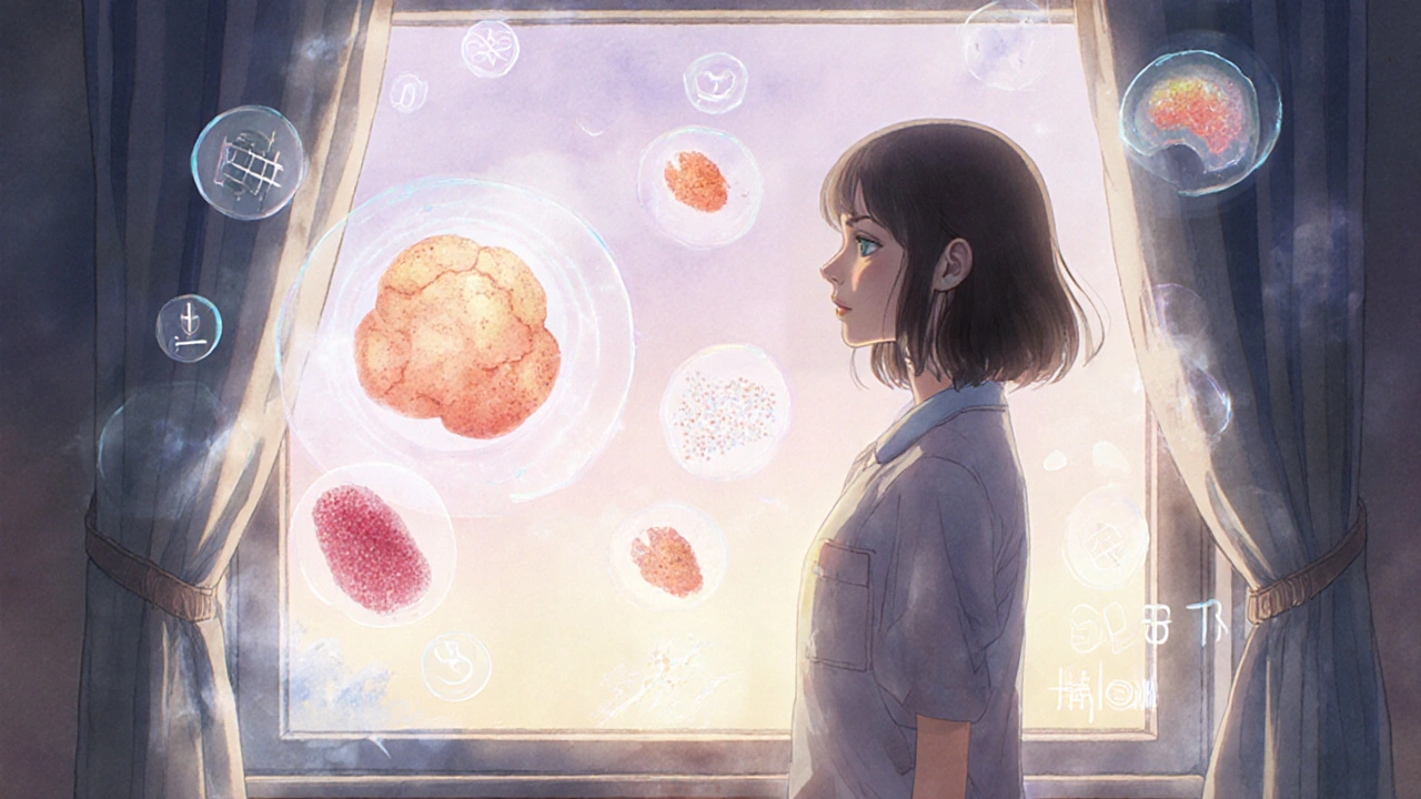 Une patiente regarde son tumeur rétrécir sous la lumière du matin, entourée d&#039;icônes de traitement.