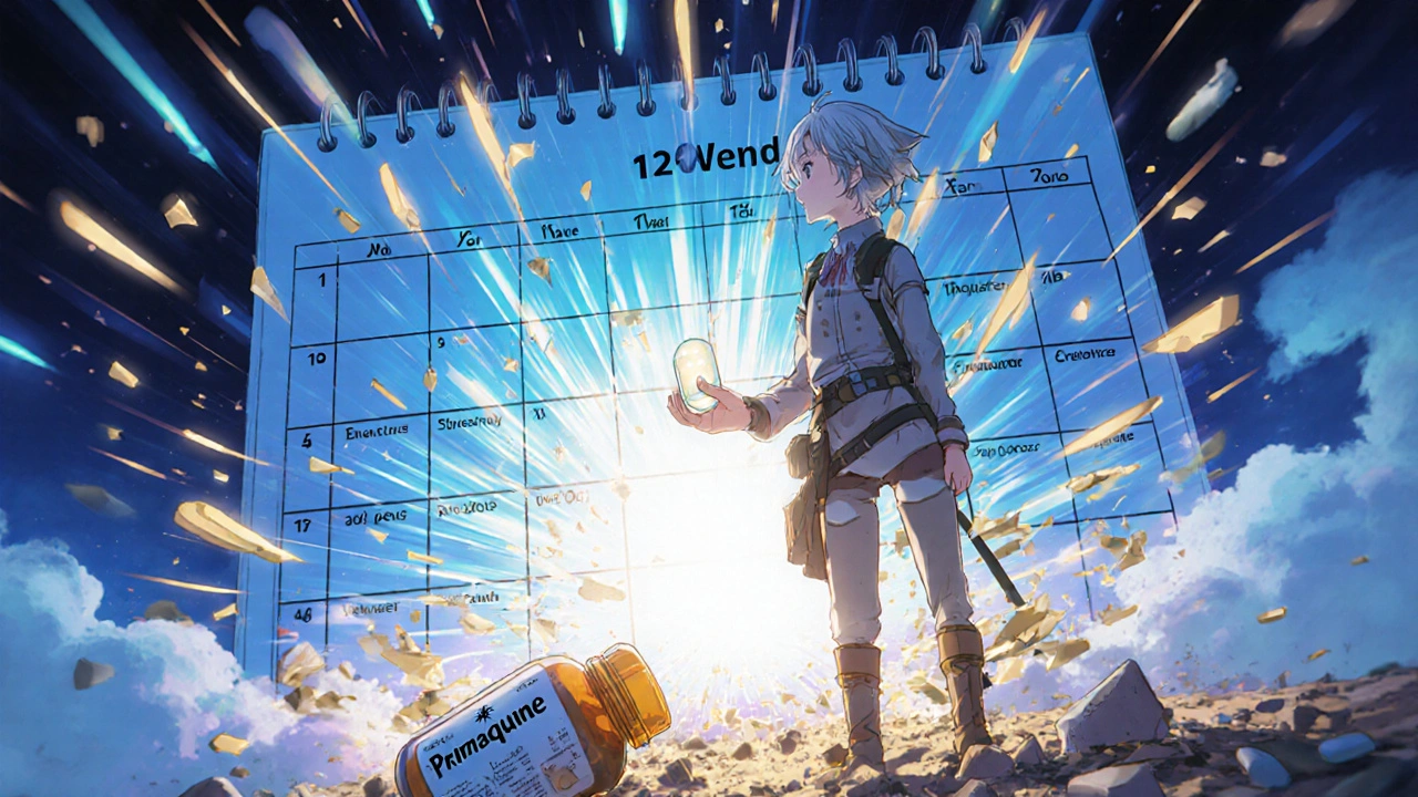 Voyageur tenant une seule pilule de Tafenoquine, tandis qu&#039;un calendrier de 14 jours se détruit derrière lui.