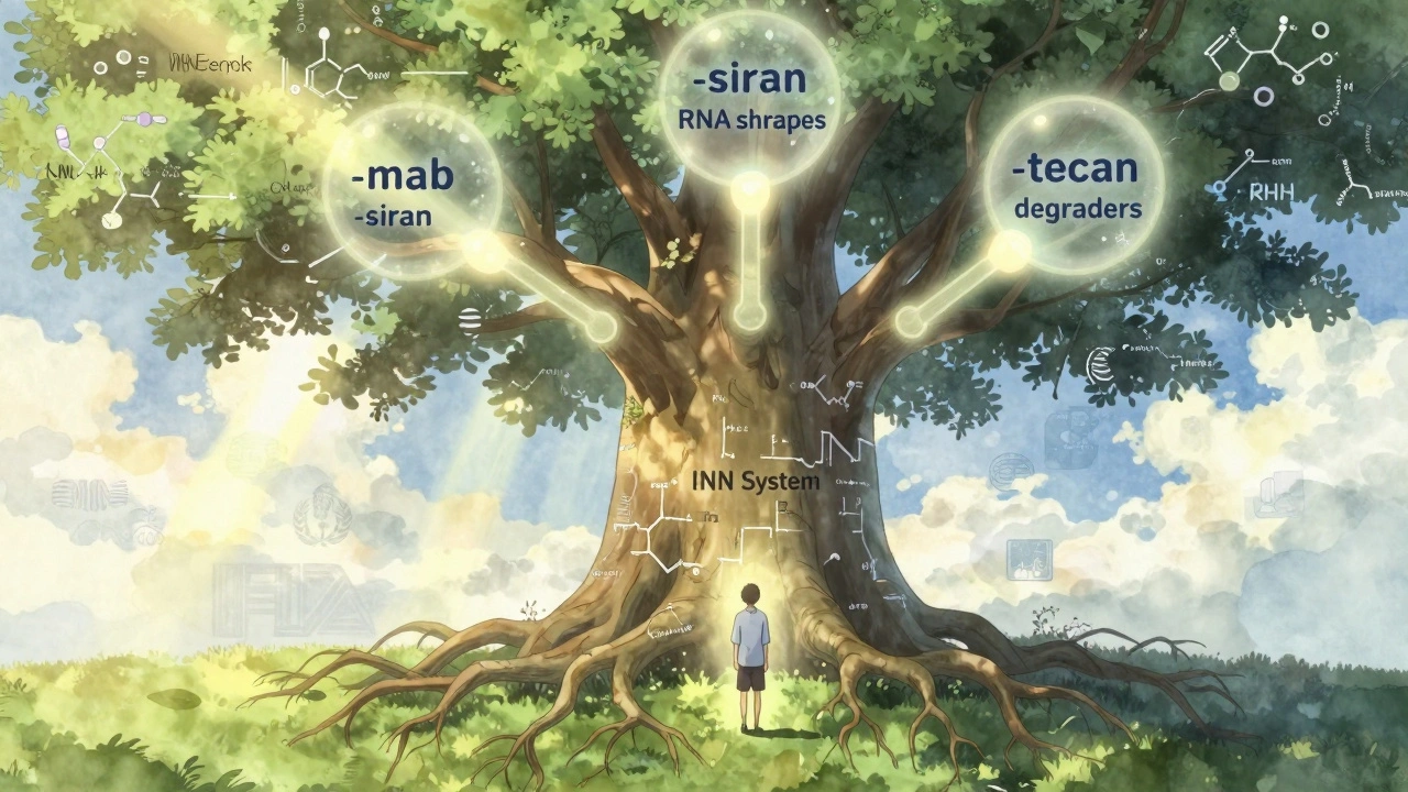 Arbre géant des noms de médicaments avec des branches portant les suffixes -mab, -siran et -tecan sous un rayon de soleil.