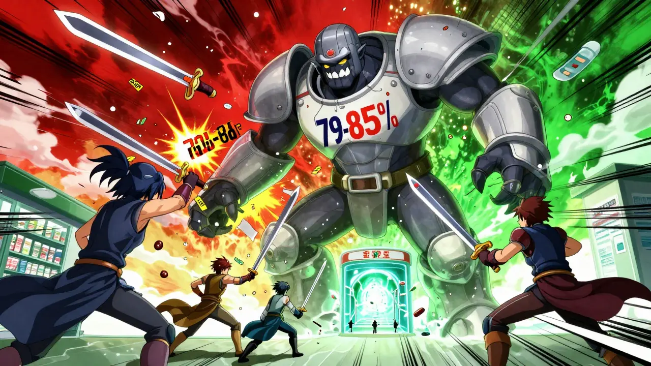 Bataille entre une pilule de marque géante et plusieurs pilules génériques combattantes dans un monde fantastique.