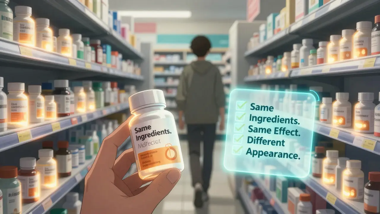 Dans une pharmacie magique, les médicaments émettent des auroras identiques, mais les génériques autorisés sont entourés d'une barrière légale translucide.