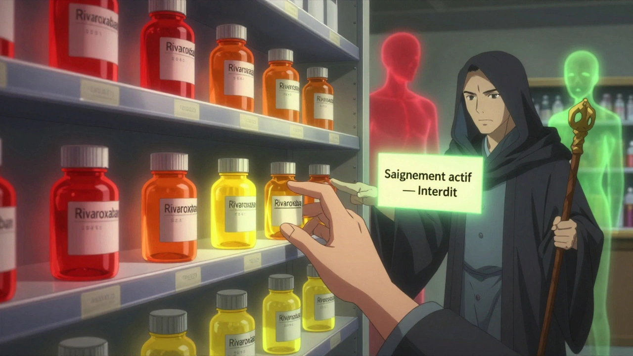 Des médicaments sur une étagère magique émettant des auras colorées, bloqués par un pharmacien spectral dans un monde fantastique.