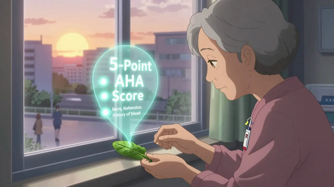 Femme âgée posant une pilule AOD près d'une feuille d'épinard qui disparaît en lumière.