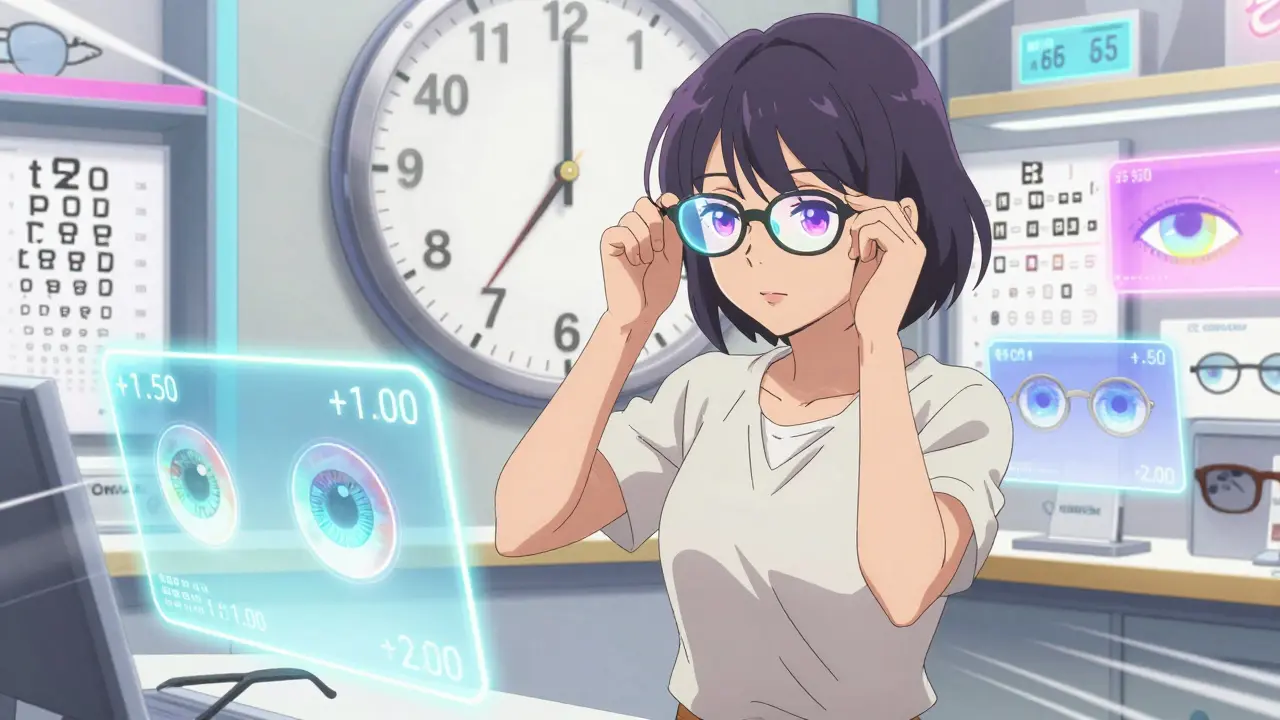 Femme essayant des lunettes de lecture aux auras colorées dans un magasin d'optique futuriste.