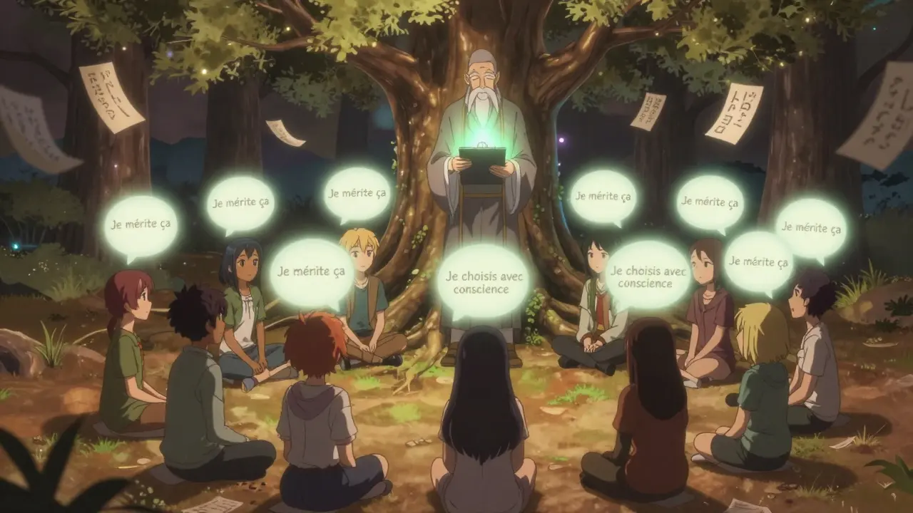 Groupe de personnes dans un paysage mental réécrivant leurs pensées sous un arbre lumineux, style anime.