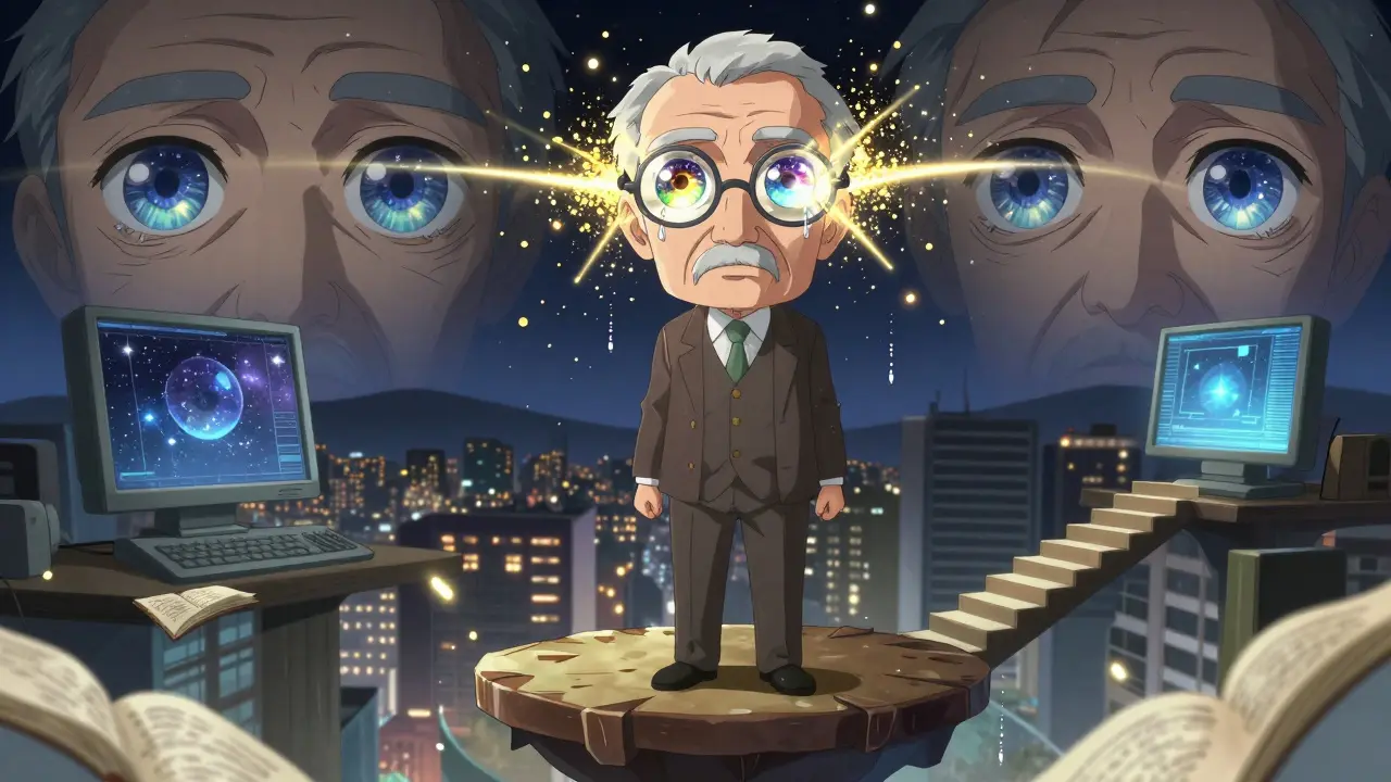 Homme transformé par des lunettes progressives qui se matérialisent comme une armure céleste autour des yeux.