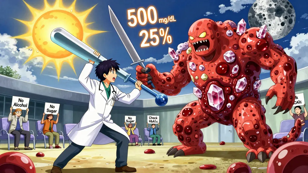 Médecin en bataille contre un monstre de triglycérides dans un arène médicale stylisée.