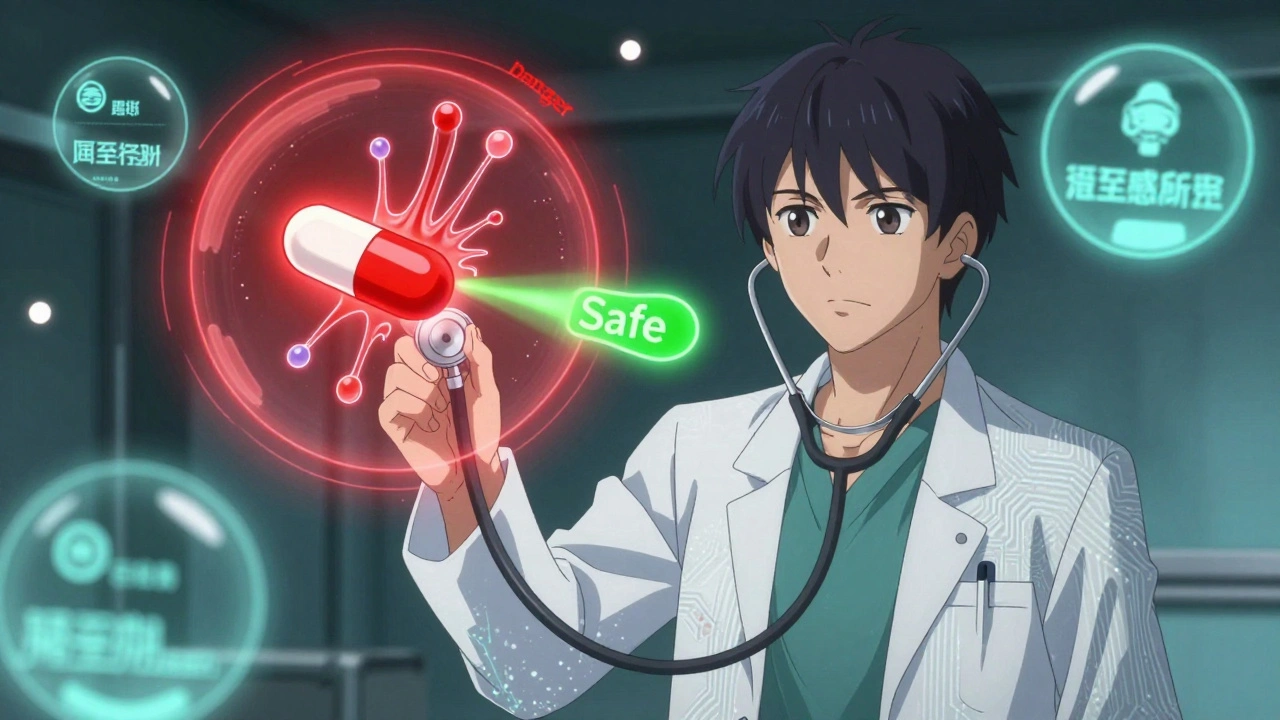 Neurologue projetant un hologramme de la jonction neuromusculaire avec des auras rouges et vertes autour de différents antibiotiques, style anime isekai.
