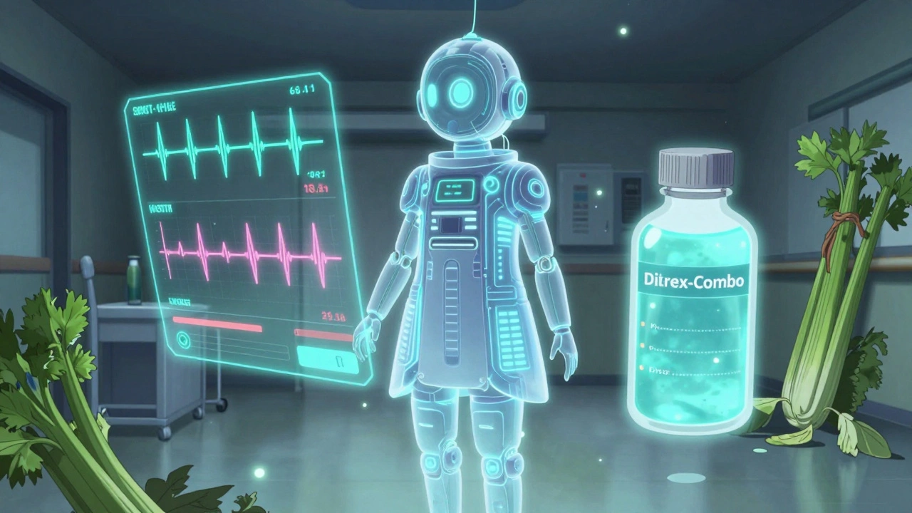 Oracle d'IA projetant des données de sang en temps réel au-dessus d'un patient, avec une potion Diurex-Combo brillante et des herbes diurétiques fanées.