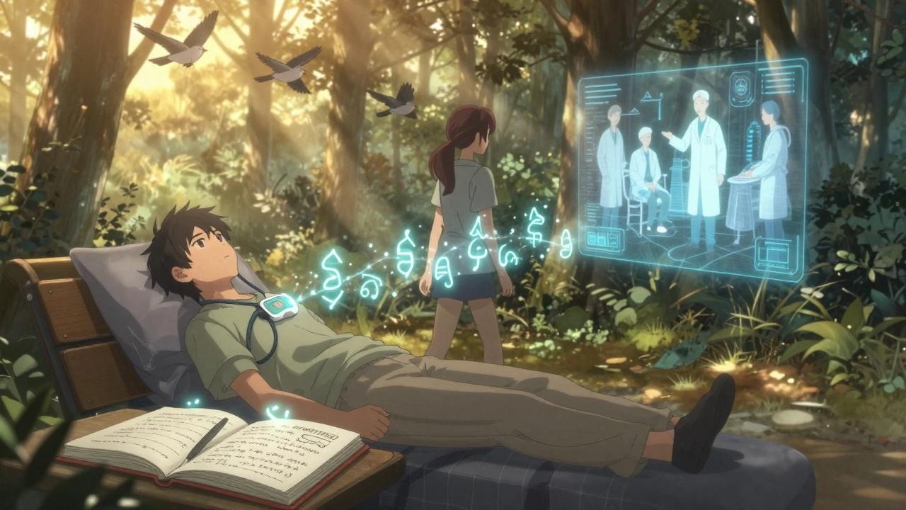 Patient marchant dans une forêt au lever du jour, avec un capteur cardiaque et des données numériques flottantes, symbole de suivi à domicile.