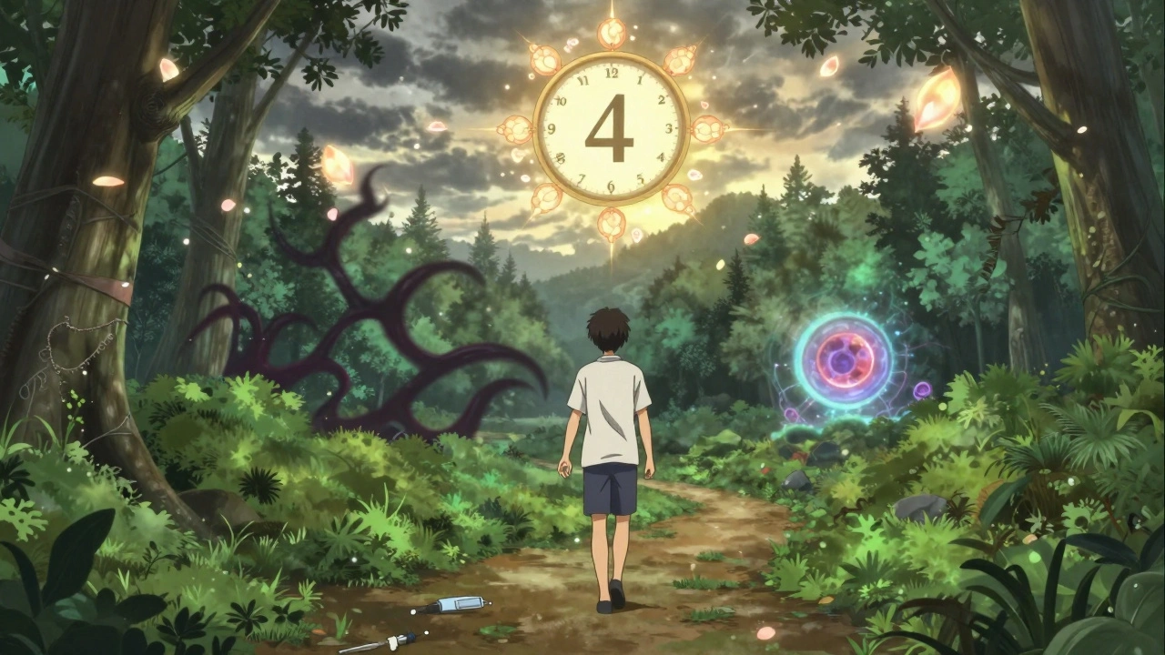 Patient marchant dans une forêt guérie, tandis que la dégradation du cartilage recule.