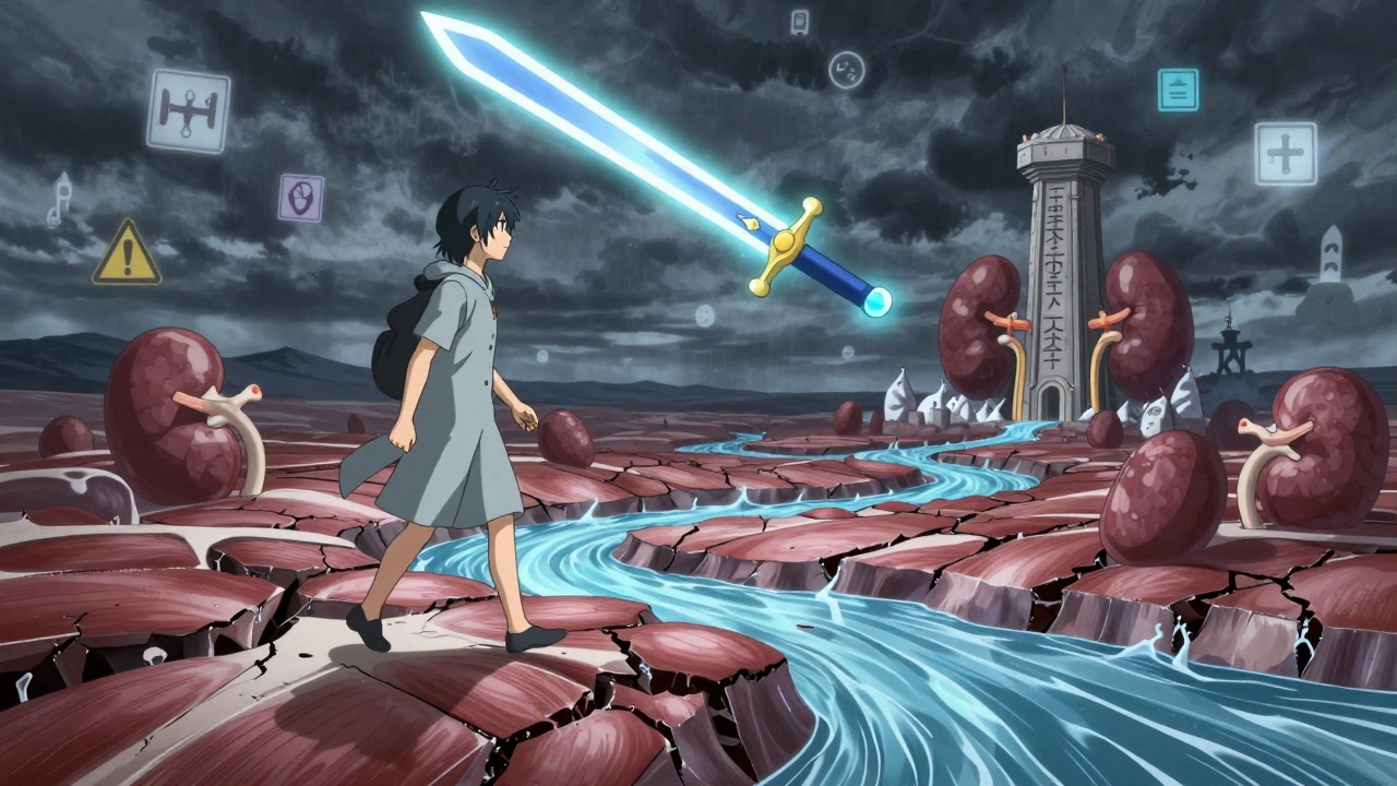 Patient marchant sur un paysage de muscles fissurés, des rivières de myoglobine coulent vers un fortress rénal sous attaque.