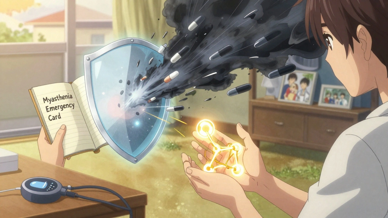 Patient tenant une carte médicale lumineuse qui bloque des projectiles d&#039;antibiotiques dangereux, fond paisible en arrière-plan, style anime isekai.